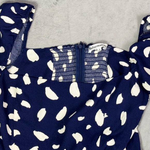 Reformation Sigmund Navy Blue & White Splatter Print Midi Dress - Picture 4 of 6